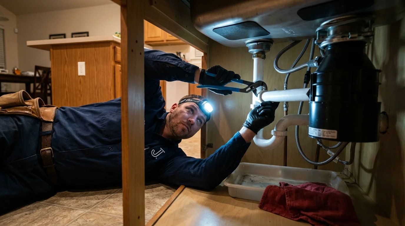 P-trap and supply line connections under a kitchen sink showing a common leak point in Springfield, KY